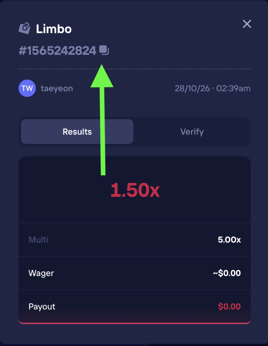 Duel bet details panel showing a Limbo bet with its bet id number and a copy button