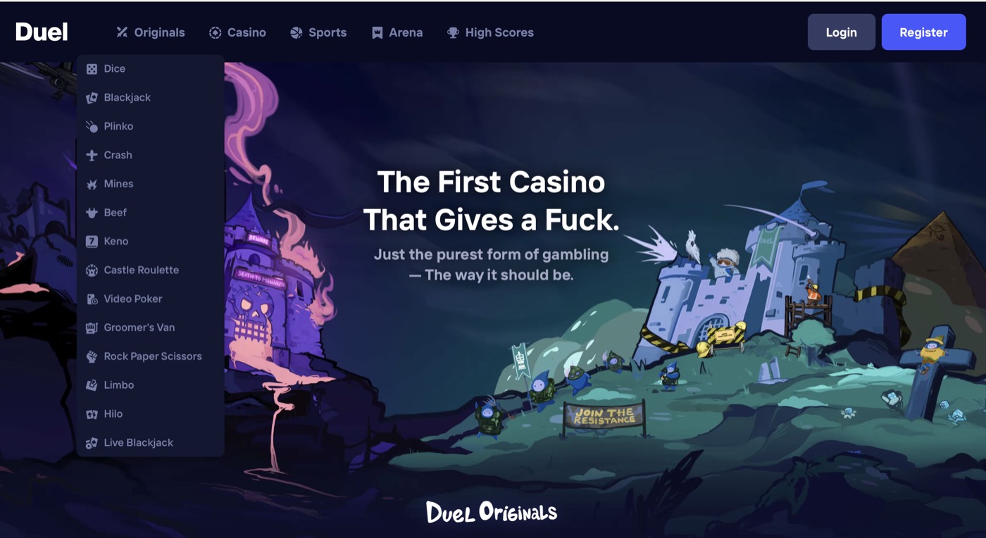 Duel Originals menu open showing Limbo among the list of original casino games