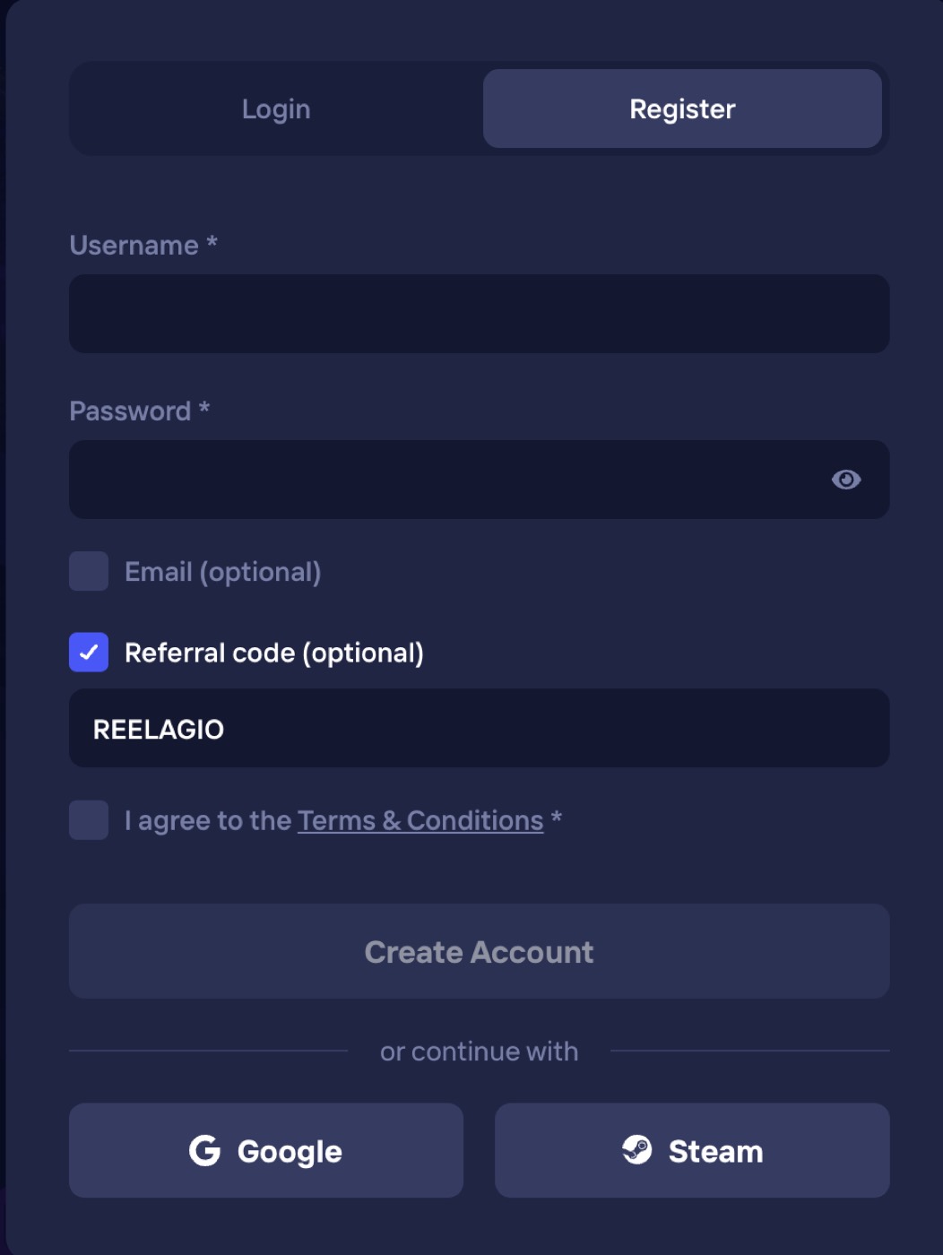 Duel registration form with the referral code box ticked and the Reelagio referral code entered