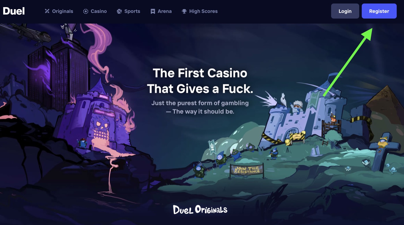 Duel casino homepage with the Register button highlighted in the top right corner