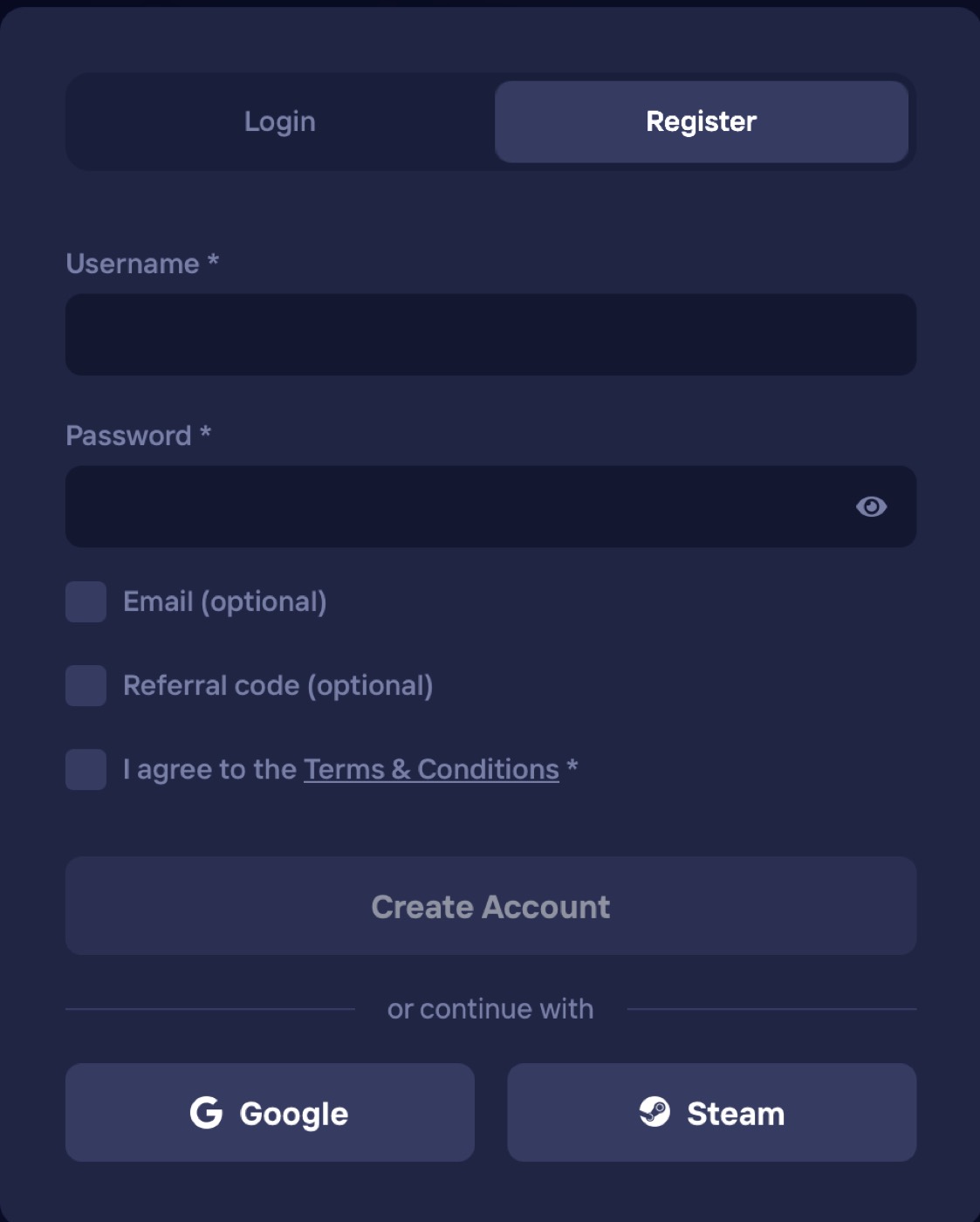 Duel registration form showing username, password, optional email, optional referral code and terms checkboxes