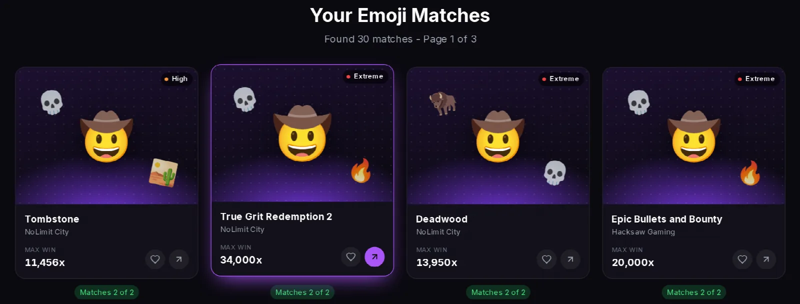 Emoji Match results for cowboy and skull, with slots like Tombstone and Deadwood marked Matches 2 of 2