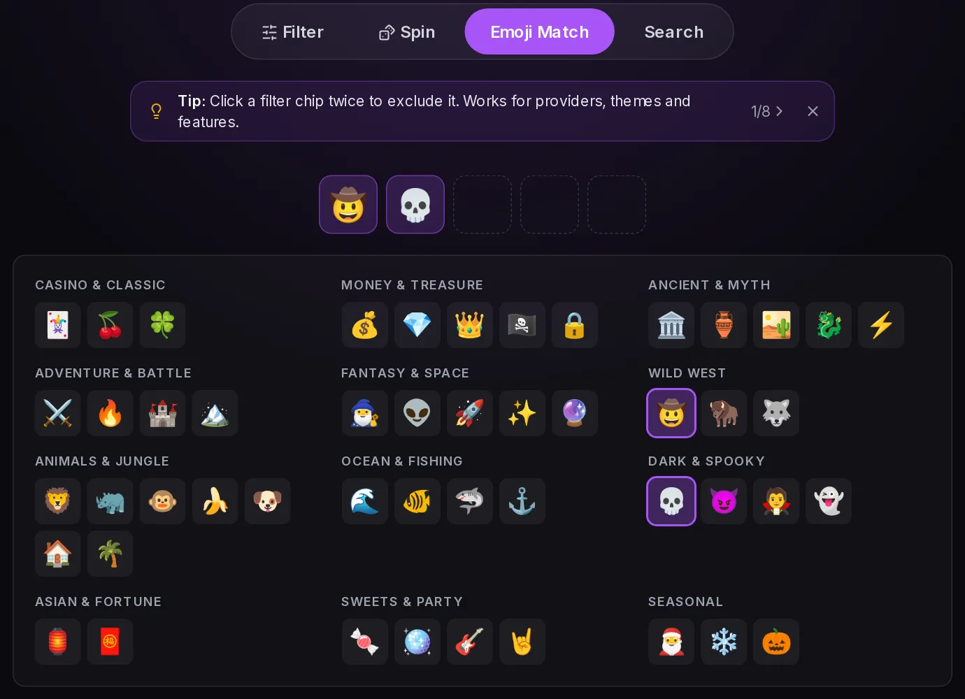 Emoji Match picker on Reelagio with the cowboy and skull emojis selected