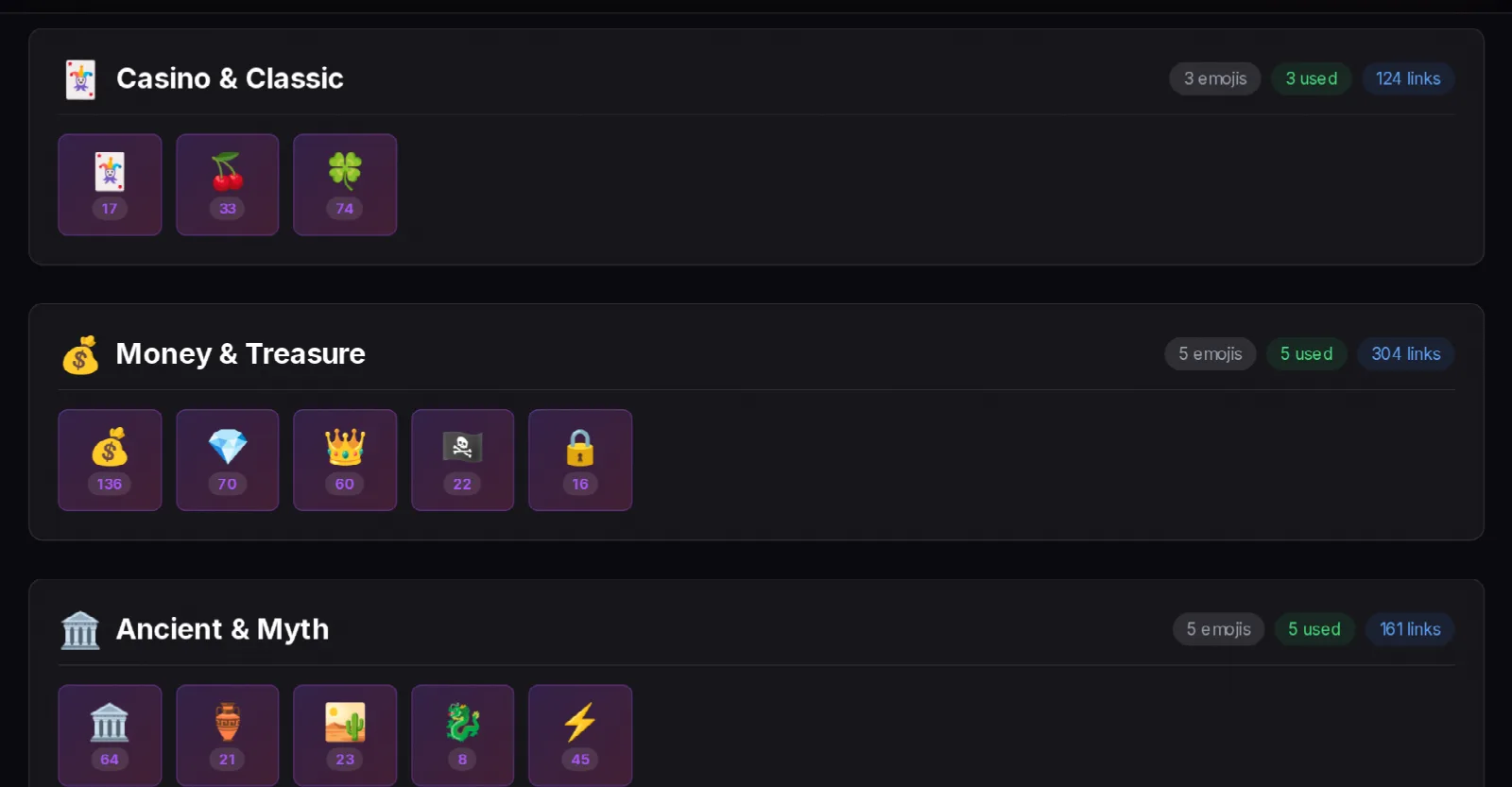 Reelagio emoji catalog showing emojis by category with the number of slots for each